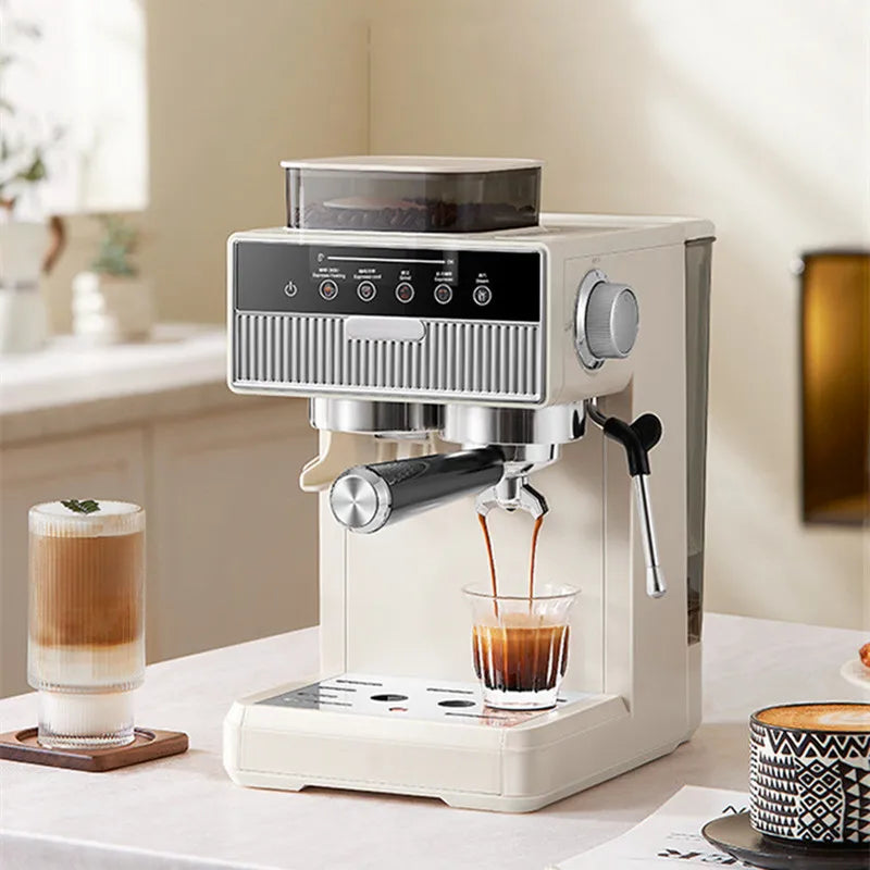 Dejess 15 bar espresso machine pulling a rich crema espresso shot into white cup