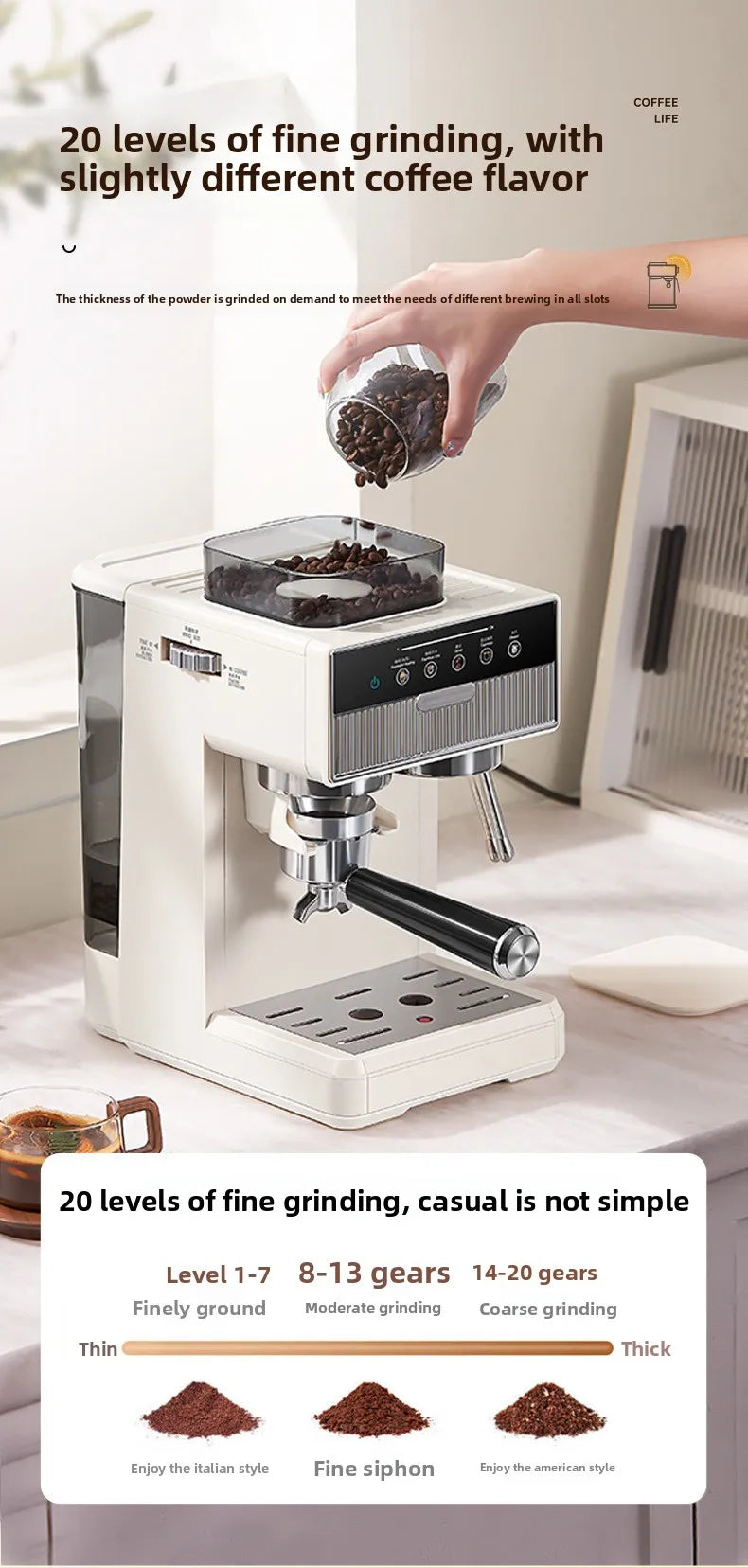 3-in-1 coffee machine grinds coffee beans+steam milk foam +15Bar espresso automatic cleaning, 20-gear grinding, LCD touch screen