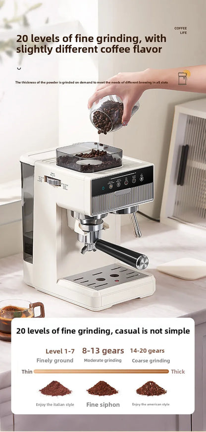 3-in-1 coffee machine grinds coffee beans+steam milk foam +15Bar espresso automatic cleaning, 20-gear grinding, LCD touch screen
