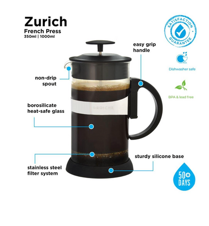 GROSCHE Zurich French Press – Black, 1000ml / 34 fl oz (8 Cup)