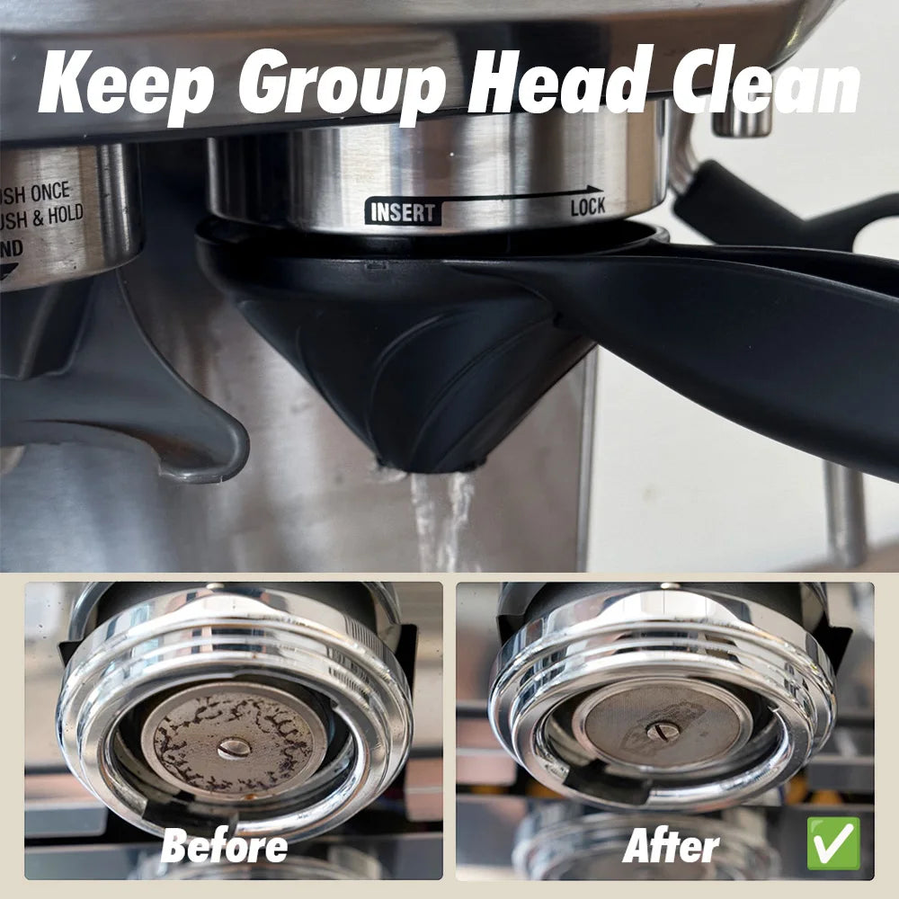58mm group head cleaning brush size comparison next to standard espresso portafilter