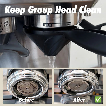 58mm group head cleaning brush size comparison next to standard espresso portafilter