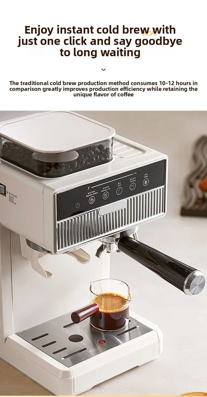Dejess 3-in-1 espresso machine brewing double espresso shot with golden crema layer