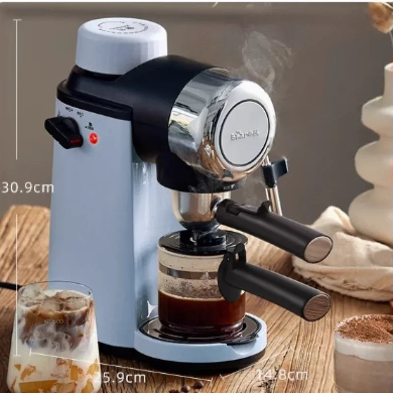 Latte art in cup next to Dejess semi-automatic espresso machine
