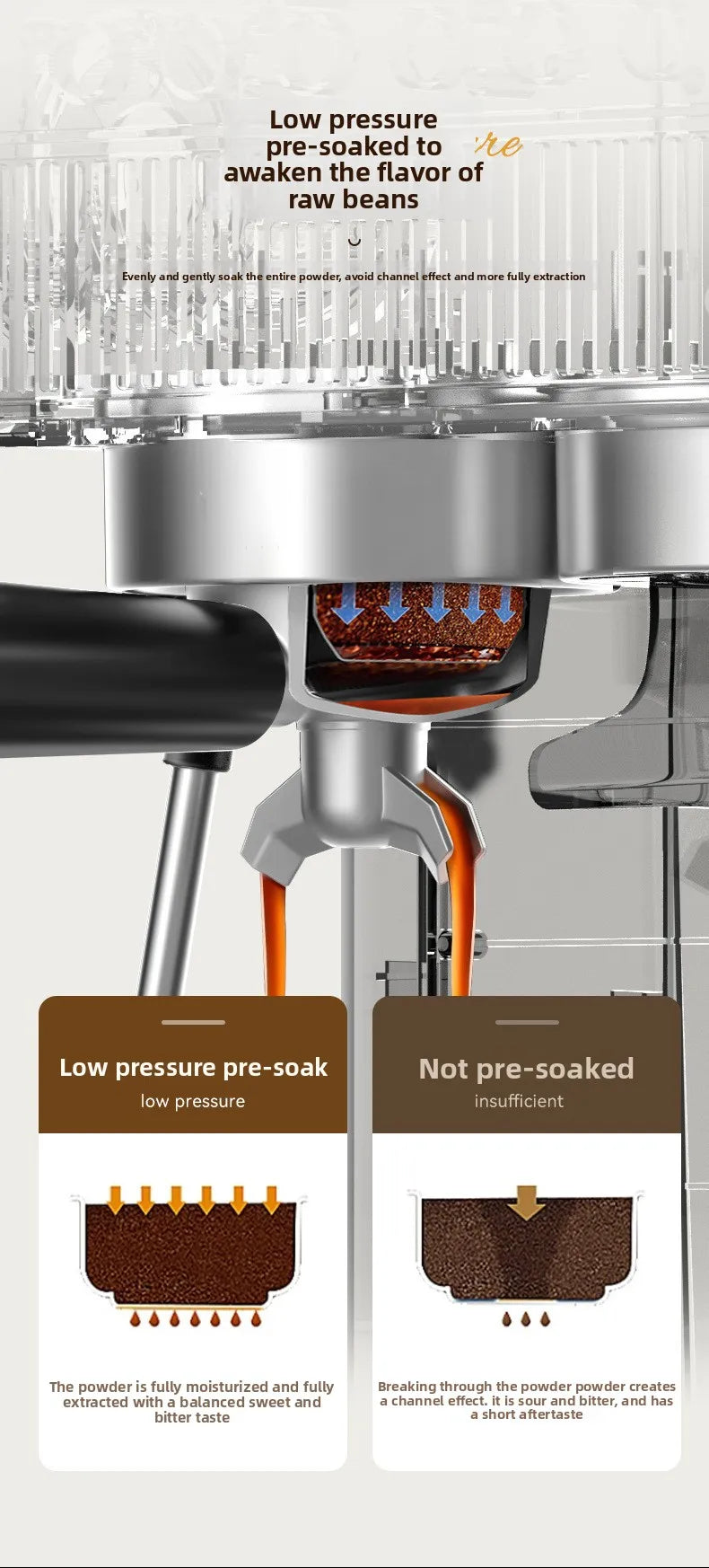 Dejess espresso machine with grinder making cappuccino with frothed milk in ceramic cup