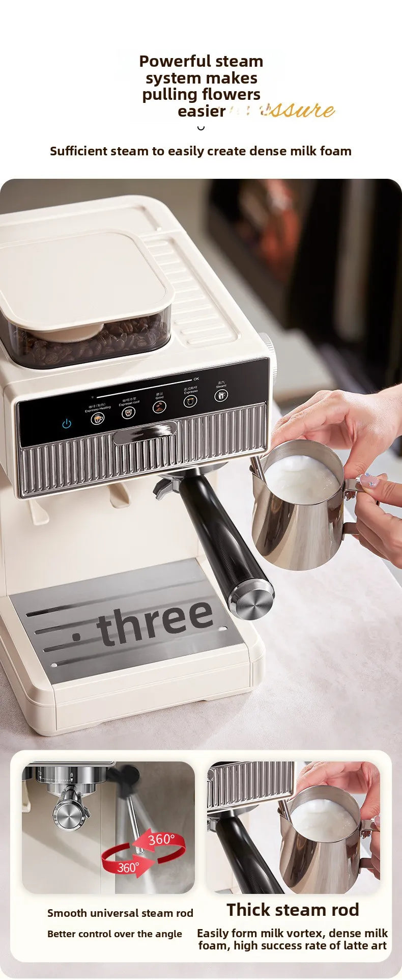 3-in-1 coffee machine grinds coffee beans+steam milk foam +15Bar espresso automatic cleaning, 20-gear grinding, LCD touch screen