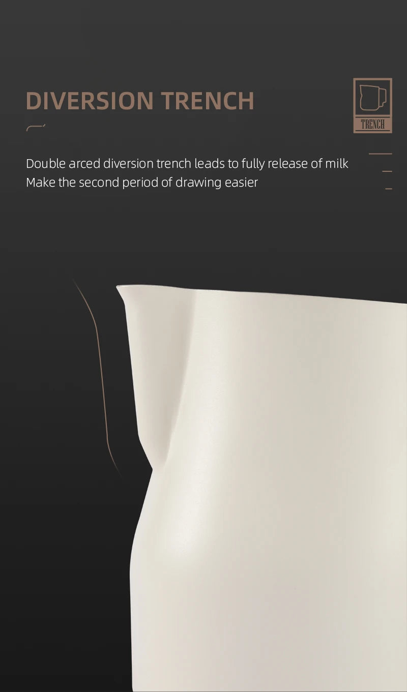 MHW-3BOMBER milk jug angled pouring shot showing controlled laminar milk stream flow