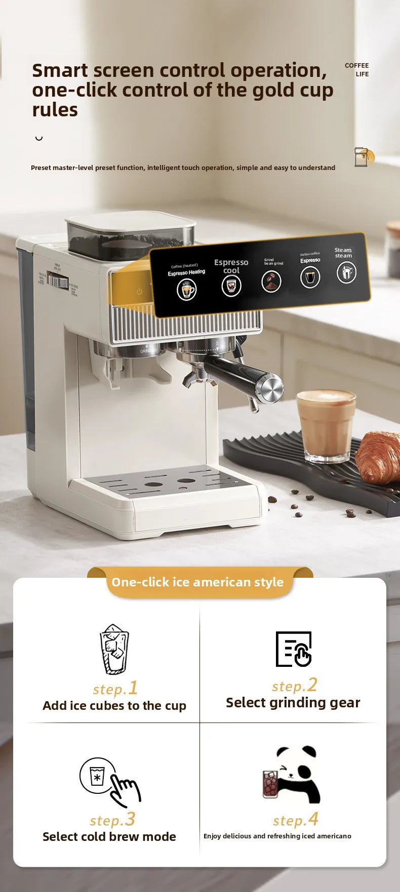 3-in-1 coffee machine grinds coffee beans+steam milk foam +15Bar espresso automatic cleaning, 20-gear grinding, LCD touch screen