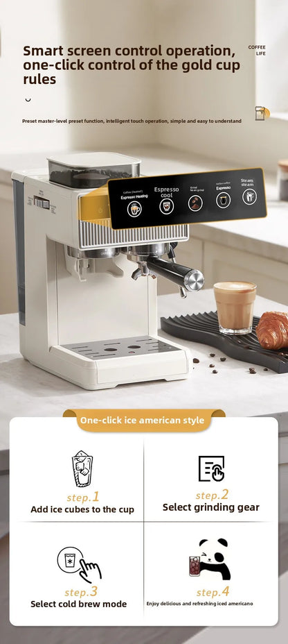 Dejess home barista espresso machine displaying grind size selection on LCD screen