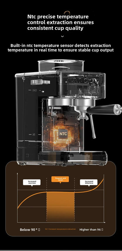Dejess 3-in-1 espresso machine on modern kitchen countertop next to coffee accessories