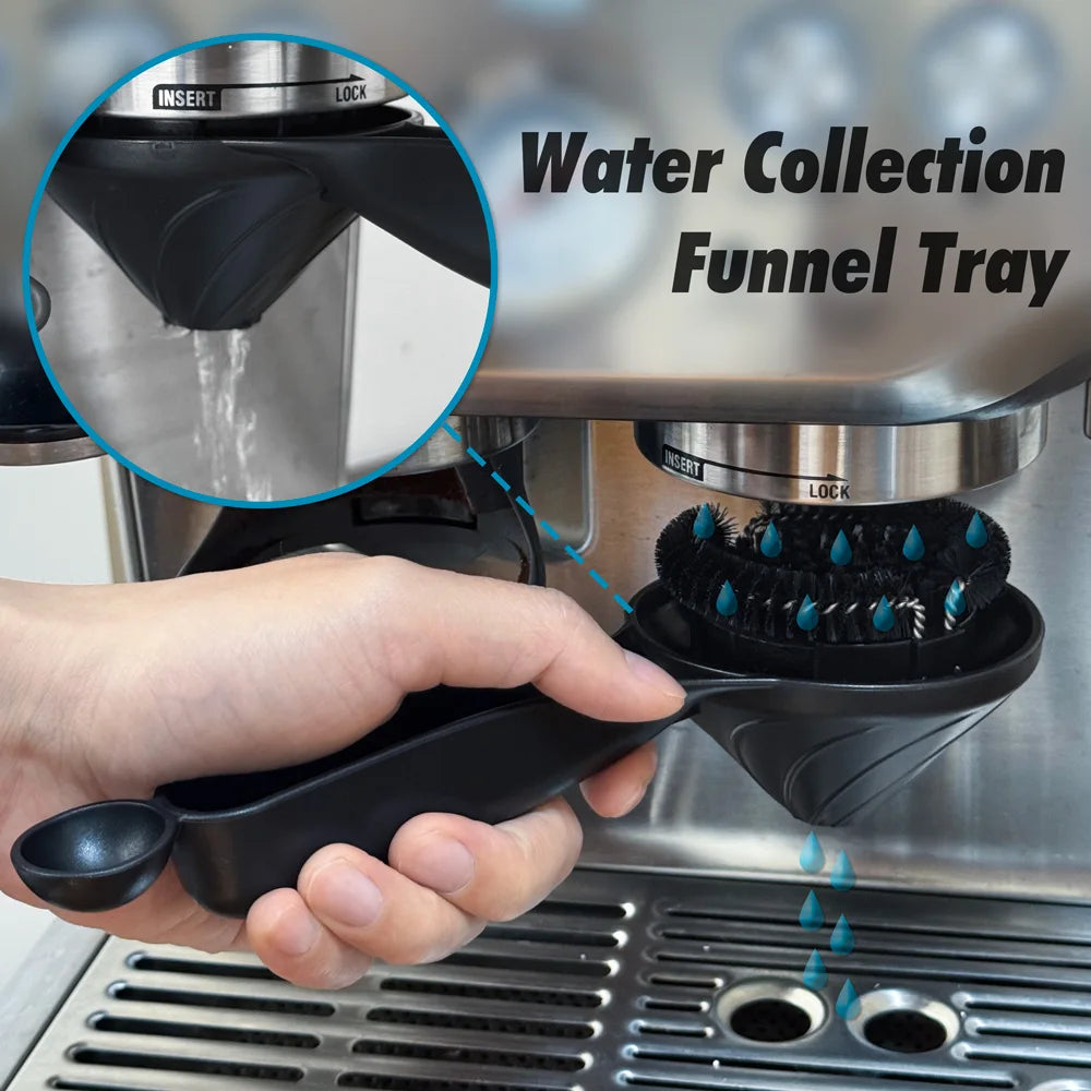 Dejess 58mm barista brush placed on espresso machine drip tray in café setting