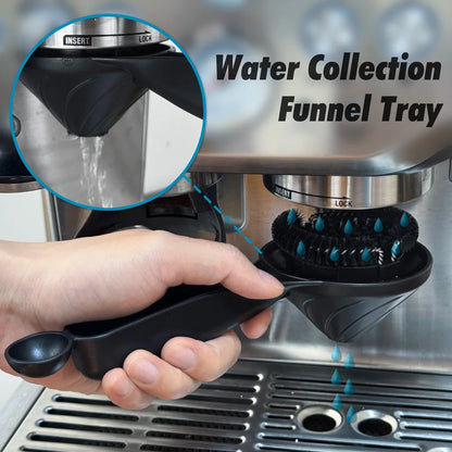 Dejess 58mm barista brush placed on espresso machine drip tray in café setting