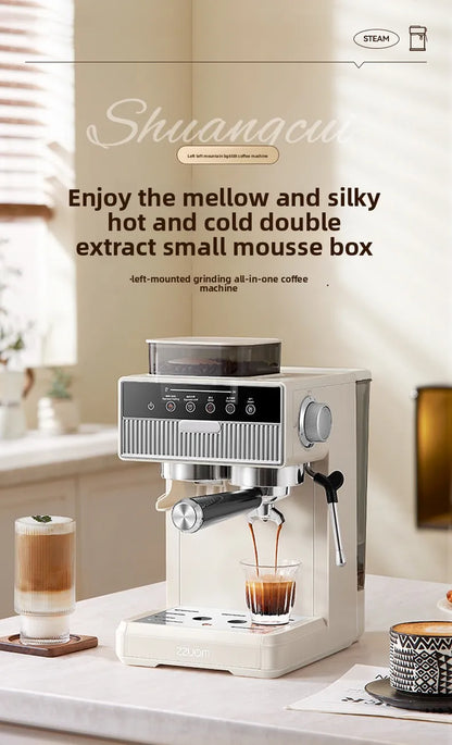 Side profile of compact Dejess 3-in-1 home espresso machine showing slim countertop footprint