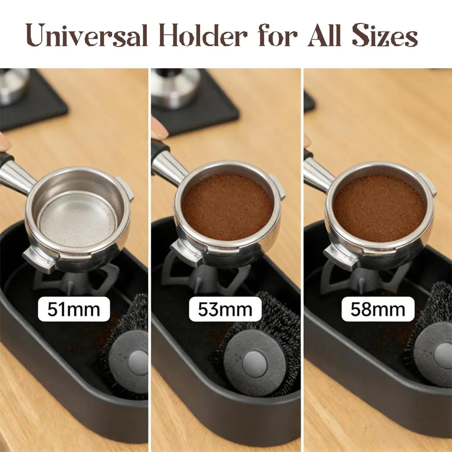 Espresso cleaning set including wooden portafilter brush and wine barrel grounds catcher by Dejess