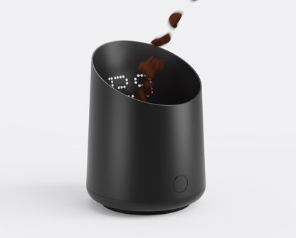 Subscale coffee scale inside single dose grinder hopper side profile view