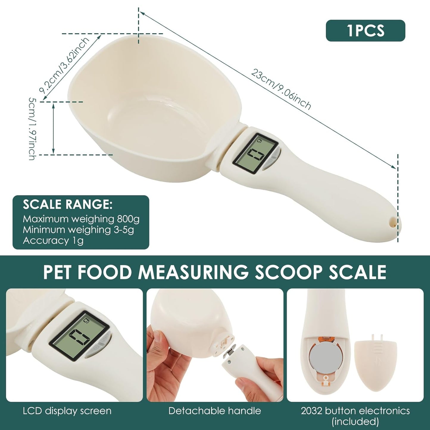 Digital Spoon Scale for Pet Food & Kitchen: 800g/1g Precision, 4 Units (g/oz/ml/Cup) – Removable Handle for Australian Pet Owners & Bakers