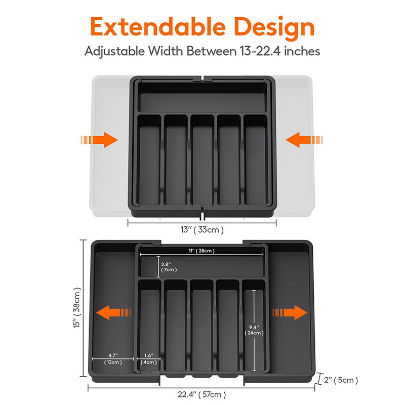 Black Adjustable Polypropylene Kitchen Drawer Organizer – 8 Compartments, Large Capacity, Easy to Clean