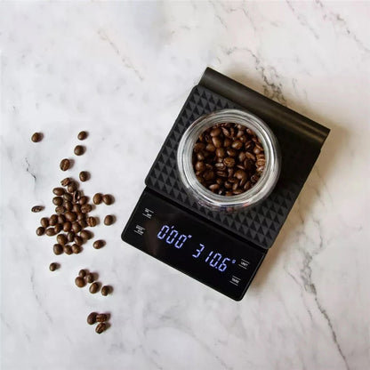 Dejess digital coffee scale with timer displaying weight and countdown on backlit LCD screen