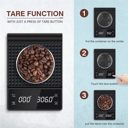 Dejess espresso scale with built-in timer showing dose weight on sleek tempered glass platform