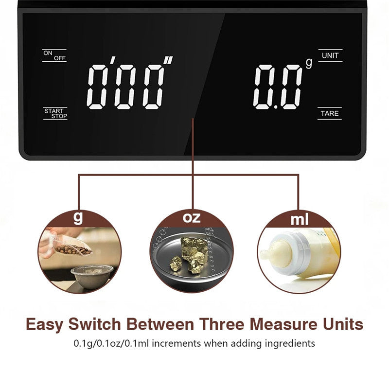 Digital coffee scale for pour over and espresso next to AeroPress and coffee beans on kitchen counter