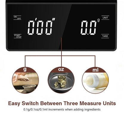 Digital coffee scale for pour over and espresso next to AeroPress and coffee beans on kitchen counter