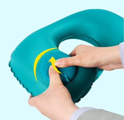 2-PCS Navy blue Inflatable Travel Neck Pillow Press to Inflate U-Shape Soft Flocking Support Cushion for Airplane Car & Camping Portable Air Pump Design