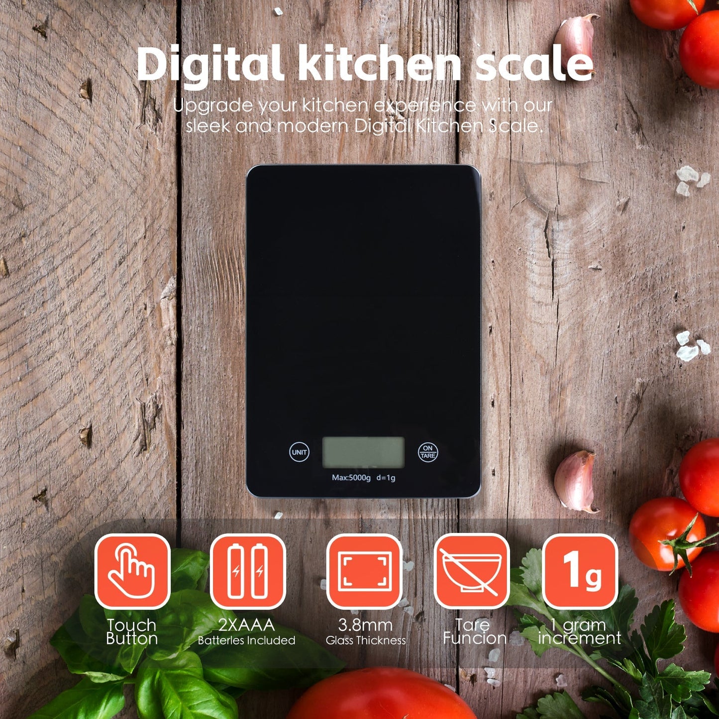 Dejess 5KG digital glass kitchen scale on white benchtop showing LCD display reading in grams