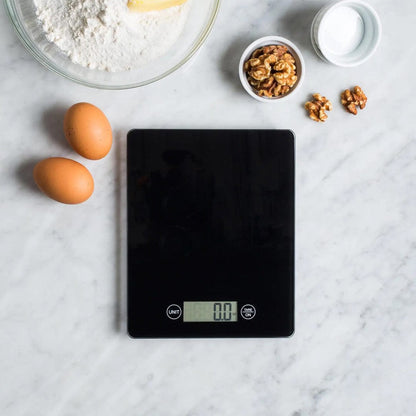 Close-up of tempered glass platform on Dejess precision kitchen scale highlighting scratch-resistant surface
