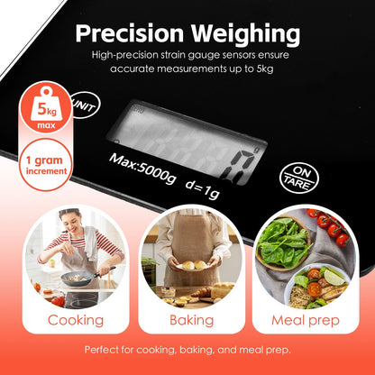 Dejess 5kg glass platform scale USB charging cable connected showing rechargeable battery feature