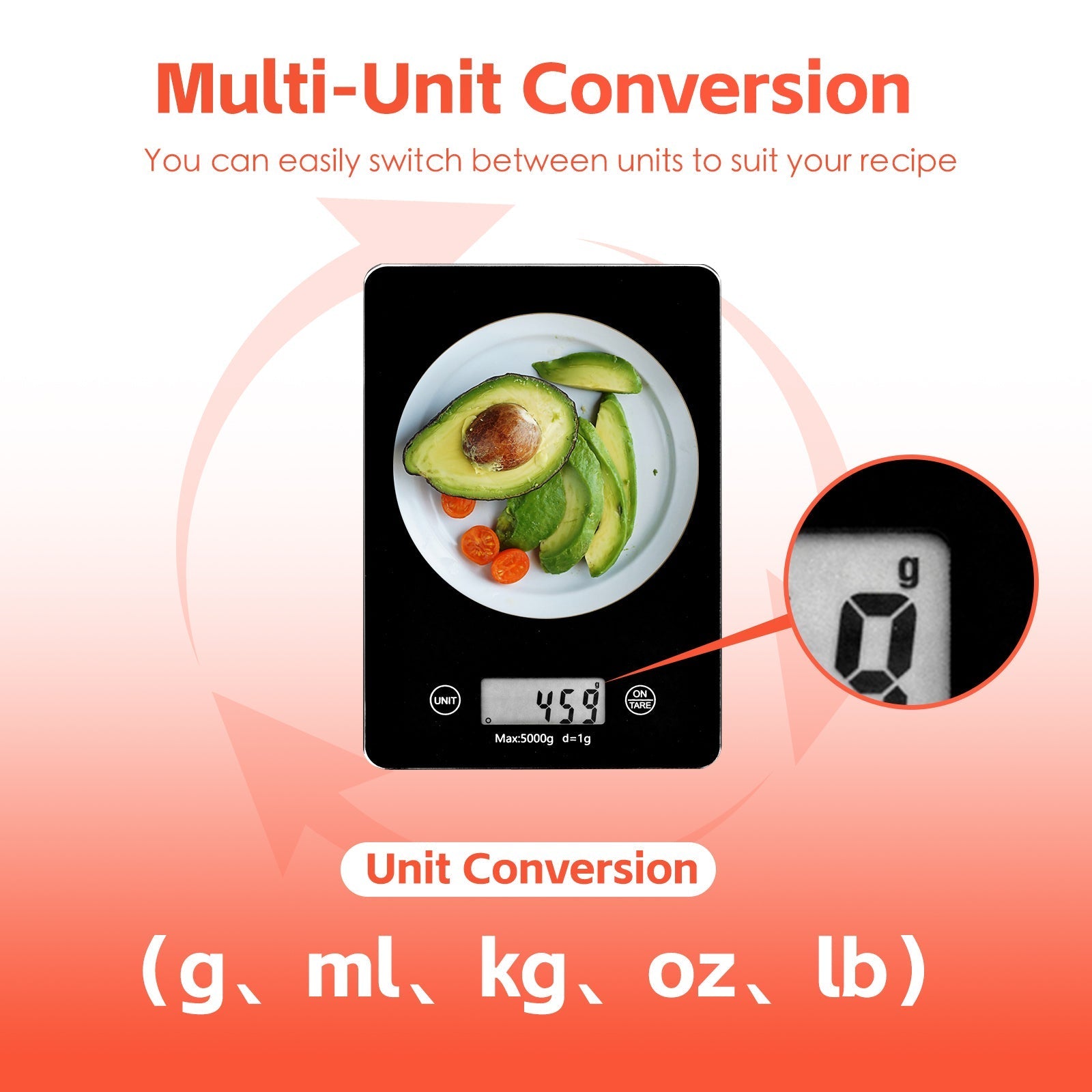 Dejess kitchen weighing scale displaying multi-unit modes grams ounces pounds millilitres on LCD screen