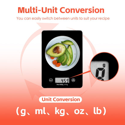 Dejess kitchen weighing scale displaying multi-unit modes grams ounces pounds millilitres on LCD screen
